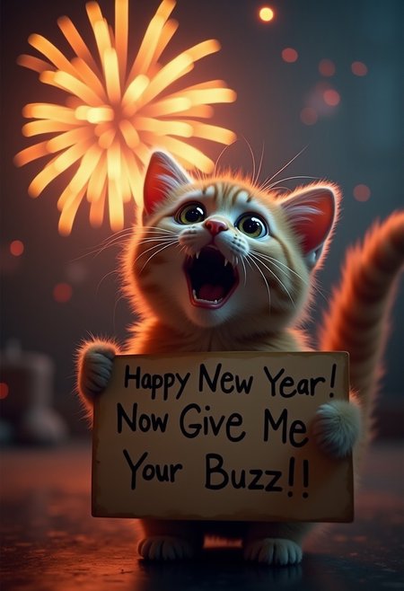 A cute cat, watching some fireworks with an over the top shocked facial expression, holding a sign  it says "Happy New Year Now Give Me Your Buzz!", realistic, cinematic shot, head tilted back, large eyes, pointing at the viewer,