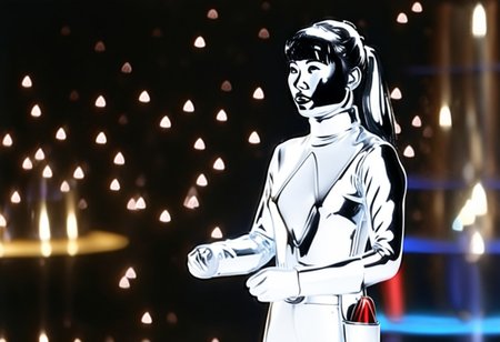 faceless chrome statue of power ranger Trini, long straight ponytail hair, fringe, alone, helmetless, chrome catsuit, chrome turtleneck collar, chrome gloves belt, large chunky chrome hoop earrings, faceless, entirely made of chrome, hyperdetailed photography, command centre