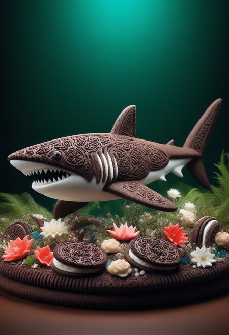 a shark made of creamy cookies, set in a lush ancient forest, with abundant blooms, vibrant colors, serene ambiance, timeless charm, ,Masterpiece,best quality, photo, realistic, very aesthetic,