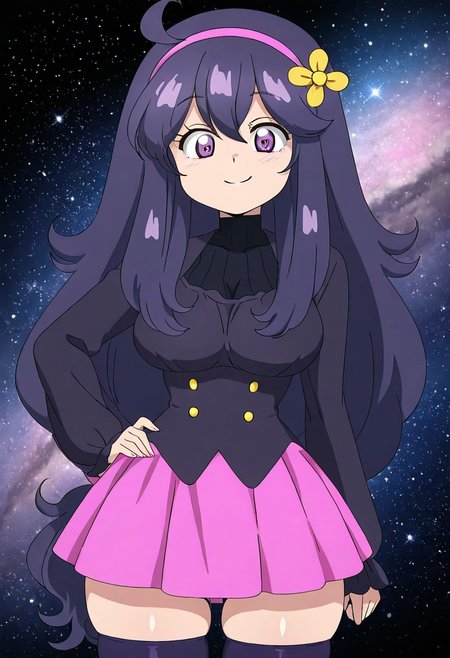 masterpiece, best quality, solo, curvy, beautiful eyes, narrow waist, wide hips, 1girl, solo, smile, looking at viewer,  zzVioletta,  hex maniac (pokemon), long hair, ahoge, purple hairband, purple eyes, large breasts,,   jacket, sleeves past wrists, pink skirt, black thighhighs, zettai ryouiki,    cowboy shot, hand on hip, smug, smile, looking at viewer, shiny skin, floating, space, stars, large breasts,