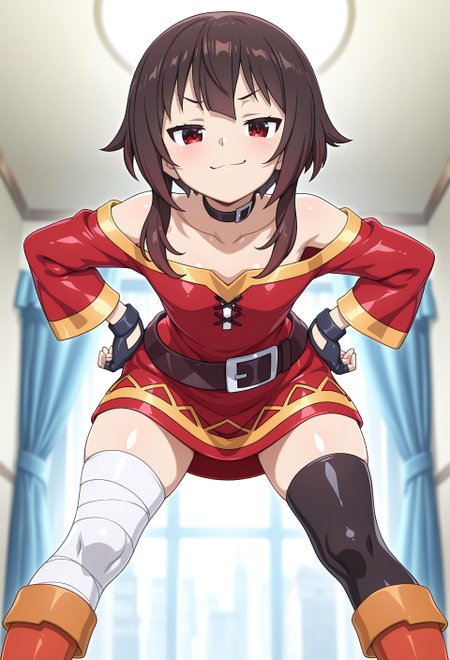 Masterpiece, best quality, dynamic_pose, anime coloring, anime screencap, 1girl, solo, Megumin-Liver020, short hair, brown hair, black hair, short hair with long locks, no hat, red eyes, red dress, short dress, gloves, black gloves, fingerless gloves, thighhighs , black thighhighs, asymmetrical legwear, single thighhigh, boots, black belt, brown belt, belt buckle, choker, black choker, collar, bandages, bandaged leg, bare shoulders, long sleeves, collarbone, mismatched legwear, brown footwear, orange footwear, black headwear, brown headwear, zettai ryouiki, off shoulder, off-shoulder dress, shiny clothes, latex, hands on hips, looking at viewer, smug, cowboy_shot, leaning forward, from below, standing, spread legs,  venusbody