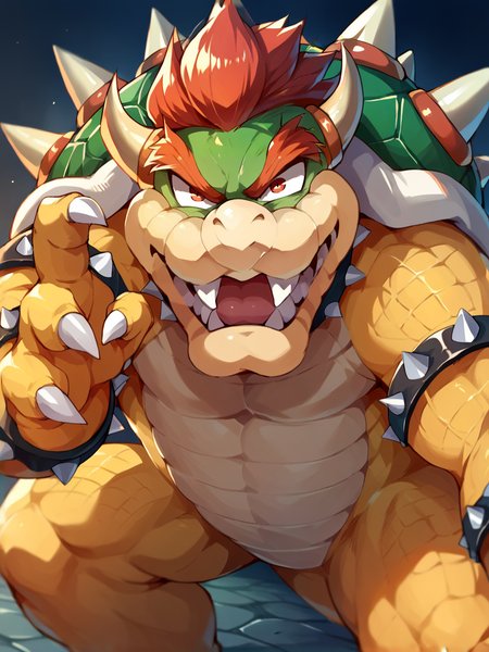 score_9, score_8_up, score_7_up, score_6_up, score_5_up,   <lora:bowserXLP:1> bowser, spikes, 1boy, horns, solo, red hair, spiked shell, muscular, claws, fangs