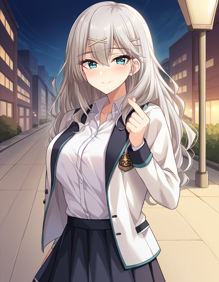 score_9, score_8_up, score_7_up, source_anime, <lora:aina-leminen-ingame-ponyxl-lora-nochekaiser:1>, aina leminen, long hair, bangs, blue eyes, large breasts, hair ornament, hair between eyes, hairclip, x hair ornament, grey hair,, skirt, shirt, long sleeves, school uniform, jacket, white shirt, pleated skirt, open clothes, miniskirt, black skirt, open jacket, dress shirt, white jacket,, city street, evening, streetlights, walking dog, quiet neighborhood, gentle breeze, smile, <lora:finger-heart-ponyxl-lora-nochekaiser:1>, finger heart, heart, blush, smile,, looking at viewer, solo,, dutch angle, cowboy shot
