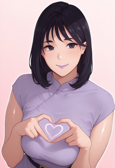 , 1girl, solo, medium build, medium hair, sfw, safe for work, covered skin, flowy dress,  black eyes, purple lipgloss, smiling, portrait, upper body, heart hands, mature female, foreshortening, detailed, newest, shiny skin, cowboy angle, solo focus, medium breasts, kgt
