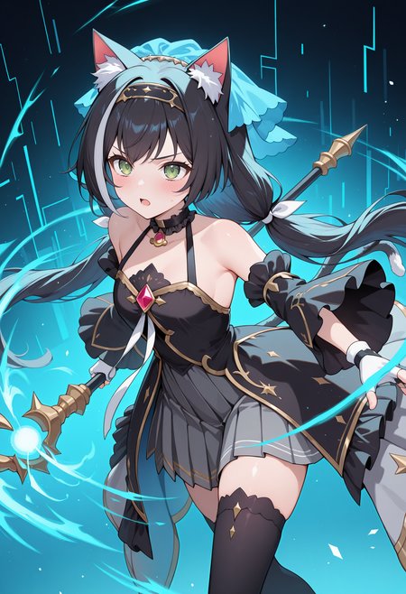 highres, best quality, masterpiece, glitch, cyberspace,
1girl, solo, pcrcal, black hair, streaked hair, cat ears, animal ear fluff, cat tail, green eyes,
calover, low twintails, hairband, blue veil, black choker, black dress, white ribbon, gold trim, layered dress, brooch, sleeveless dress, frilled collar, halterneck, bare shoulders, wide sleeves, black sleeves, detached sleeeves, white gloves, fingerless gloves, overskirt, grey skirt, pleated skirt, black thighhighs, magic,
serious, blush, open mouth, 
holding staff, light particles, blue light, dynamic pose,
<lora:_kyaru_pcr-elesico-ilxlC:1>