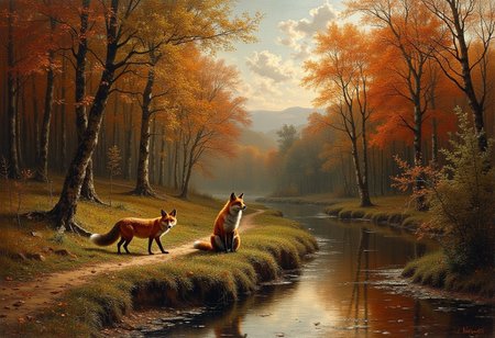 style of Charles-Francois Daubigny, a fox family in an autumn forest nearby the river