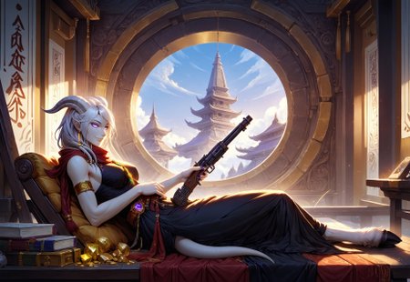 (absurdres, best quality, masterpiece:1.4), score_9, score_8_up, score_7_up, score_6_up, detailed, detailed body, detailed face, world of warcraft, fantasy, <lora:add-detail-xl:1.5>,

fFaceDetail, (female, draenei, h0rns, ram horns, white horns, tall, athletic arms, pale white skin, long white hair, purple eyes, long white tail, long fingers, purple fingernail polish), 

(long loose black dress, red silk scarf, tail under dress, simple armlet, small yellow gem pendant, small yellow gem earrings),

portrait, side view, looking to viewer, soft smile, (lying down, lying on bench, lying on side),

GunMonk, shotgun, full body, side view, indoors, temple, (window in background, outer space), sitting at table, legs on table, leaning back in chair