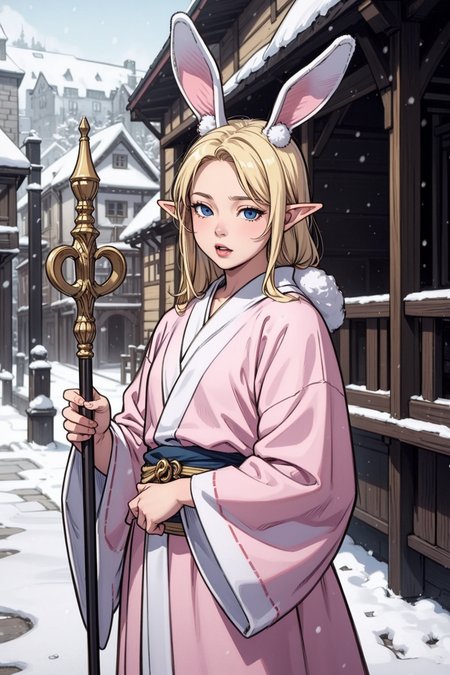 (masterpiece, best quality, detailed, beautiful, realistic),
1boy, elf, young, cute, adorable, effeminate, (big bunny ears:1.2), pink and white mage robe, otoko no ko, slender, slim, small, holding staff, (blonde hair, blue eyes),
medieval town, snow,
<lora:weight_slider_v2:1.4>, <lora:gender_slider_v1:0.8>