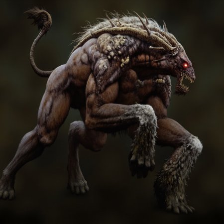 first person pov, 3D01S, simple background atmospheric and powerful dark fantasy, natural organic and first person pov of a 
a ferocious, quadrupedal beast with a hulking, sinewy frame that looks like a blend between a lion, hyena, and prehistoric predator. Its body is covered in patchy, coarse fur, mottled with scar-like markings, and stretched taut over prominent muscles, giving it a grotesque, rugged appearance. Its elongated, almost grotesquely horse-like head sports a maw filled with oversized, jagged teeth that look designed for rending flesh, and its lips are pulled back in a perpetual snarl, exposing yellowed fangs. The creature’s glowing red eyes smolder with malevolent intelligence, constantly scanning its surroundings for prey.
Its legs are stocky and end in cloven hooves, giving it a thunderous gallop, but its agility is uncanny for a creature of its bulk. The tail is long, sinewy, and whip-like, ending in a tuft of matted fur, adding to its predatory nature. Razor-sharp, bone-like ridges protrude slightly from its back, reinforcing the impression that this is a creature designed purely for combat and survival. It exudes a feral, almost supernatural aura, combining the ferocity of a predator with the calculated cunning of an apex hunter, a true monster of ancient nightmares.
UHD letterboxed game trailer frame chromatic aberration dark atmosphere sharp masterpiece with a focus on the character, elden ring style, dark atmosphere, chromatic aberration