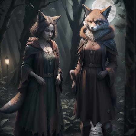 highly detailed full color candid photo of a (werefox:1.2), huntress, 1girl, full body, belt, (dress:1.2), short hair, gothic necklace, torn clothes,  clawed hands,
(forest,  night, full moon:1.2) realistic, depth of field, blurry background, photorealistic, analogue photography, low key lighting, <lora:RPGWerefox:0.7>