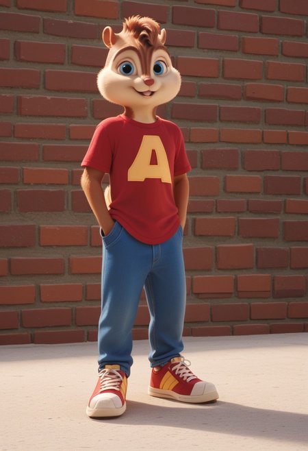 Score_9, score_8_up, score_7_up, source_furry, Alvin Seville, chipmunk, chipmunk male, furry male, furry, 3d, render, movie screencap, blue eyes, red t-shirt, blue jeans, sneakers, tail, hands in pockets, large feet, floral wall , carpet, windows, standing, looking at viewer, <lora:Alvin _Seville __Alvin_and_the_Chipmunks__CG_Movie_version:0.8>