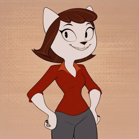 score_9, 1girl, solo, anthro, furry, feline, maggie, pink fur, brown hair, red collared shirt, gray pants, gray slippers, hands on hips, smiling, pattern background