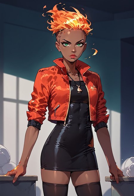 score_9, score_8_up, score_7_up, source_cartoon, BREAK 1girl, solo, amirarashid, orange hair, fiery hair, undercut, dark skin, dark-skinned female, makeup, red jacket, sleeves rolled up, black dress, thighhighs, necklace, green eyes,