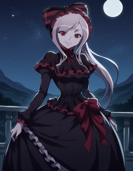 score_9, score_8_up, score_7_up, source_anime,
shalltear, <lora:shalltear-bloodfallen-s1s2-ponyxl-lora-nochekaiser:1>,
shalltear, grey hair, long hair, red eyes, silver hair,
black dress, bonnet, bow, dress, frilled dress, frills, large bow, long sleeves, vampire,
outdoors, landscape, night, moon, starry sky, smile,
looking at viewer, cowboy shot, solo, dutch angle,