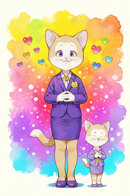 highres, incredible quality, 2d, watercolor, ((detailed face:1, detailed eyes:1)), detailed hands, detailed eyes, good anatomy, miss petunia, cat, furry, furry female, 1girl, whiskers, solo, skirt, cat, furry, suit, formal, pencil skirt, standing, furry female, tail, purple footwear, 1girl, skirt suit,thin eyebrowns, simple background, looking at viewer, hands together, hearts, abstract background, colorful background