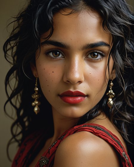Close-up portrait of a gypsy girl, lying on the floor, profile, wavy black hair, loose and messy hair, locks on the face, hyper-detailed black eyes, direct gaze, dark skin, straight nose, red lips, (mouth ajar: 1,5), (smile:1), long face, black scarf around the neck, earrings, fashion style, (Steve McCurry, Herb Ritts, Mario Sorrenti), jasmine, musk, sensuality, earthy tones, photo quality, 4K