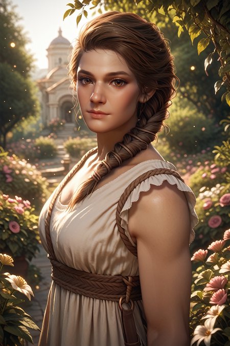 score_9, score_8_up, score_7_up, score_6_up
<lora:ACKassandra:1>
ACKassandra, 1girl, brown hair, brown eyes, braid, hair over shoulder, looking at viewer, standing in a sunlit garden, surrounded by blooming flowers, soft focus background with bokeh, gentle breeze rustling through leaves, romantic and dreamy ambiance