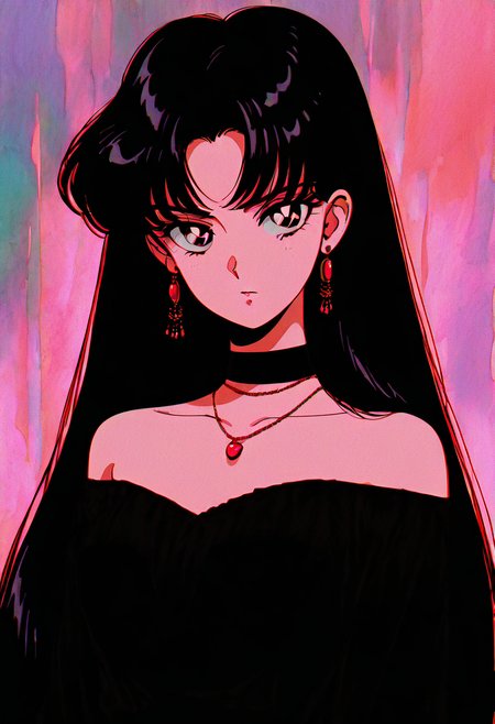 (masterpiece, best quality, good quality, very aesthetic, absurdres),    1girl, solo, eyelashes, (beautiful eyes),   1girl, solo, long hair, looking at viewer, bangs, black hair, dress, bare shoulders, jewelry, collarbone, upper body, heart, earrings, choker, necklace, off shoulder, black eyes, black dress, parted bangs, black choker, film grain, long hair, looking at viewer, black hair, bare shoulders, upper body, off shoulder, black dress, black choker, hoop earrings, 1980s (style), film grain, hino rei  ,<lora:GothRetroNAI:1.0>,