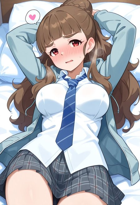 masterpiece, best quality, amazing quality, very aesthetic, absurdres, newest,1girl, solo, (nao kamiya, kamiya nao,long hair, brown hair, red eyes, medium breasts, blue necktie,kamiya nao,gray skirt, plaid skirt,pleated skirt,school uniform,braided bun,striped necktie,white shirt,hooded jacket,collared shirt,long sleeves,miniskirt,open jacket,blue jacket), blush, looking at viewer, closeup, close-up, bedroom, bed,parted lips, visible breath, sensation lines, spoken hearts, full face blush, perky breasts, shy, embarrassed, lying in bed, lying on back, arms up,breasts apart, wavy mouth, from above