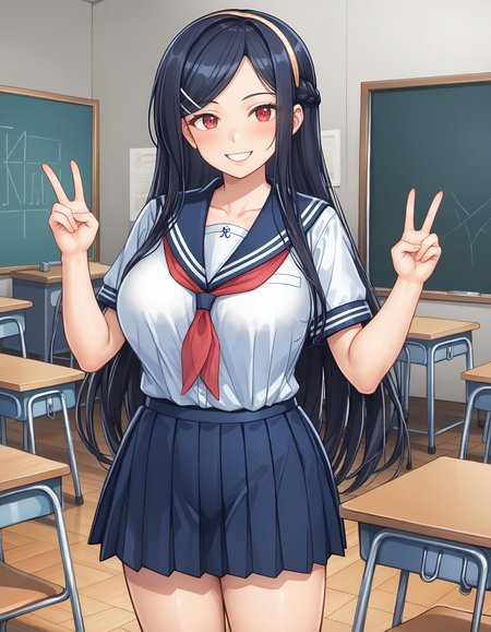 score_9, score_8_up, score_7_up, source_anime, <lora:add-detail-xl:1>, good anatomy, masterpiece, amazing quality, ultra detailed, good hand
BREAK <lora:takatsuki-taeko Yuunagi-sou no S-kyuu no Kanojo-tachi2 (MOONSTONE Cherry):0.7> takatsuki-taeko, black hair, long hair, hair braid, hairband, white hairband, hairpins, silver hairpins, red eyes, large breasts,
BREAK outfit01, sailor suit, white shirt, short sleeves, red neckerchief, skirt, black skirt, pleated skirt,
BREAK 1girl, standing, hands up, double v, smile, in classroom,