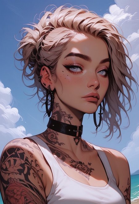 Score_9, Score8_up, Score_7_up, (((High Resolution, Best Quality))), 
1girl, solo, Covered in Tattoos, her hand on her head, brushing hair behind ear, 
Tanktop, cutoff, choker, 
On a Cliff overlooking a beach, Cloudy Sky,