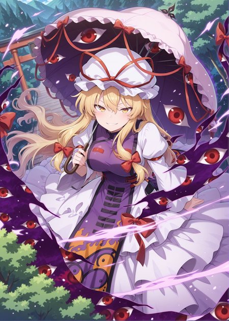 absurdres, highres, masterpiece, best quality, amazing quality, official anime artwork, screencap, anime screencap, outdoors, looking at viewer, evil smile, dynamic pose, flying, from above,  torii, purple aura, sky, midair, forest, tree, 
<lora:Yukari-Yakumo_IllustriousV2:1> yakumo yukari, 1girl, solo, yellow eyes, blonde hair, long hair, sidelocks, large breasts,, mob cap, white hat, hat ribbon, hair bow, red bow, white dress, juliet sleeves, puffy sleeves, long sleeves, wide sleeves, purple tabard, gap \(touhou\), holding umbrella,