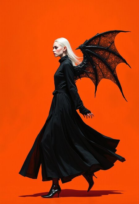 A hyper-realistic digital artwork of a tall, slender Caucasian woman, floating in mid-air in a walking pose, captured in an elegant side profile with piercing eyes locked onto the viewer. She wears a vanta black robed gown that absorbs light, its flowing fabric rippling as if caught in an invisible breeze. The gown highlights her toned figure, its smooth edges billowing gracefully. Her platinum blonde hair cascades in sleek, straight strands, framing a pale, angular face with ethereal precision. Metallic black bat-like wings unfurl from her back, etched with bone-like textures, casting dramatic shadows that enhance the composition’s depth. The vivid orange background contrasts with her dark attire, while a surreal optical illusion, inspired by M.C. Escher, creates disorienting, dynamic lines that twist and shift, adding depth and intrigue. Rendered in ultra-HD, 8K quality, hyper-detailed, flawless anatomy, and professional finish, this gothic-inspired dark fantasy is a true masterpiece.