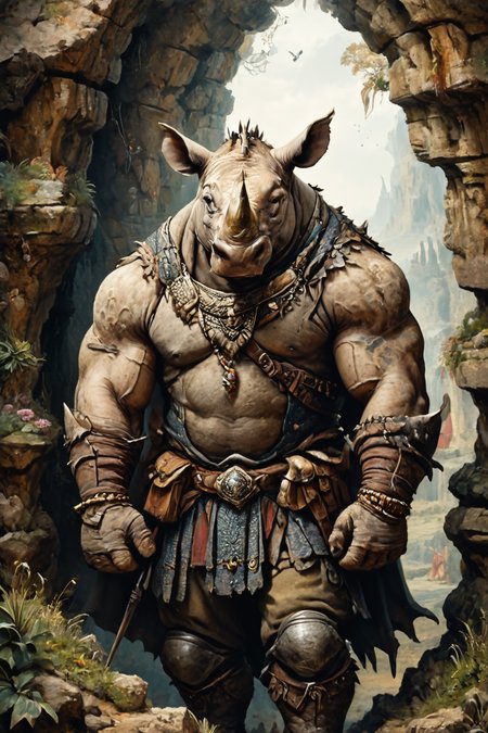 Detailed digital portrait of an anthro Rhinoceros at a Hidden cavern beneath medieval ruins, <lora:xl_more_art-full_v1:0.5>,  <lora:The_Crazy_Style:0.7> <lora:anthro_muscular:0.7>