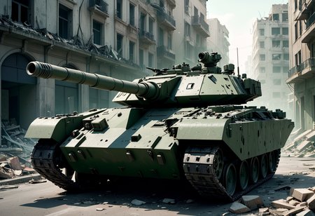 (medium full shot) of (heavily-armed mobile dark-green tank) with composite armor, electric, amphibious capabilities, camouflage foliage, set in  a war-torn city, with ruined buildings and rubble-strewn streets, the tank engaging in urban combat, during a dawn operation, ,Masterpiece,best quality, photo, realistic, very aesthetic
