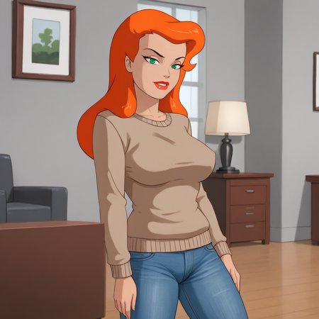 <lora:poisonivybtas_pony_v1:.8>PoisonIvy, 1girl, large breasts, green eyes, red hair, makeup, lipstick, long hair, red lips, sweater, jeans