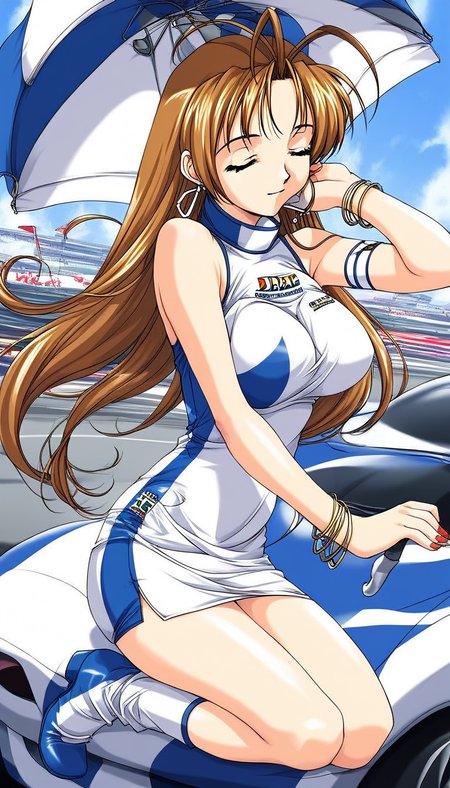 score_9, score_8_up, score_7_up, source_anime, rating_explicit, BREAK  <lora:Reiko_Ver2.0_XL:1> Reiko, long hair, brown hair, closed eyes, jewelry, antenna hair, large breasts, nail polish, earrings, 
race queen, umbrella, boots, ground vehicle, motor vehicle, car, dress, green eyes, bracelet.
outdoor, racing,