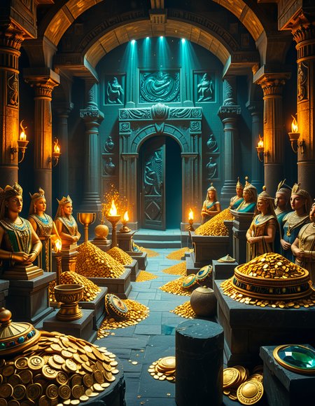 A hidden treasure chamber deep within an ancient temple, illuminated by the warm golden glow of torches and mystical blue light from enchanted crystals. The room is filled with piles of gold coins, jewel-encrusted goblets, and ancient artifacts covered in dust. Massive stone statues of forgotten deities guard the chamber, their eyes glowing faintly as if watching intruders. In the center, a grand pedestal holds a legendary artifactâan ornate golden crown encrusted with emeralds and sapphires, shimmering with an otherworldly aura. The walls are adorned with intricate carvings depicting lost civilizations, and creeping vines hint at centuries of abandonment. The atmosphere is mystical and slightly eerie, with a sense of both wonder and danger. The air is thick with the scent of aged parchment and burning incense, adding to the chamberâs ancient and mysterious feel. Cinematic lighting with dramatic shadows enhances the depth and richness of the scene, creating a visually stunning and immersive environment.
<lora:SDXLFaeTastic2400:0.4> <lora:extremely_detailed:0.4> extremely detailed, <lora:treasure_ch4mb3r:1>,treasure ch4mb3r, Masterpiece,best quality,hi res,8k,hi res,8k,award winning,(sharp focus, intricate, highly detailed),