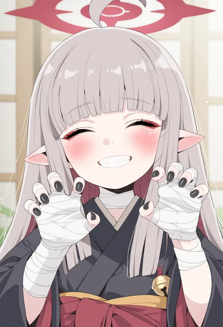masterpiece,best quality,amazing quality,
1girl, bandages, black nails, solo, halo, smile, closed eyes, grey hair, long hair, ahoge, pointy ears, nail polish, japanese clothes, bangs, bandaid, bandaged arm, upper body, blush, kimono, grin, wide sleeves, bell, bandaged hand, bandaged neck, blunt bangs,
 <lora:Saeki Tatsuya_epoch_9:1>