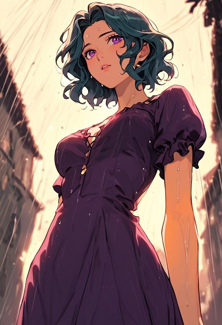 masterpiece,best quality, highly detailed, score_9, score_8_up, score_7_up, score_6_up, source_anime,
 BREAK
1girl, wavy teal hair, mid-length, purple eyes, medium breasts, swollen, tattered peasant dress, soaked, dripping wet, gasping loud, looking up, from below, rainy village, muddy ground, hair clinging, raw beauty
 BREAK
dynamic light, warm_light, warm_colors, high contrast, depth of field, golden hour lighting, dramatic shadows, rich details,