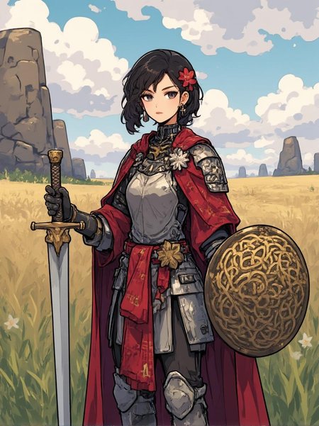 <lora:Simple_Anime_Style_Flux-000012.safetensors:1> anime
In the ethereal world of Chernigov, a noblewoman stands in a field under a sky of soft, muted clouds. Her age is indeterminate, but she exudes a timeless grace, her features finely chiseled and her expression serious. Her hair, a cascade of curly black locks, is adorned with a small, delicate red flower, a symbol of resilience and beauty. She wears ornate, handcrafted armor, each plate intricately etched with floral patterns and ancient symbols. A red plaid cape, reminiscent of the tartan of distant lands, drapes elegantly over her left shoulder, billowing slightly in the gentle breeze.
In her right hand, she holds a large, silver sword, its blade gleaming with a subtle luster. The sword is not just a weapon but a symbol of her strength and honor. In her left hand, she wields a circular shield, its surface adorned with a Celtic knot design, a testament to the rich cultural heritage that she carries within her. The shield's design is both elegant and powerful, a blend of artistry and function.
The background is a tapestry of tall, grassy fields, their colors softened to a palette of pastel greens and creams. On the left side of the frame, a large rock formation rises, its surface weathered and ancient, adding a sense of mystery and timelessness to the scene. The sky above is a diffused wash of gray and blue, with minimal shadows, creating a flat, storybook-like effect. The overall atmosphere is one of grandeur and mysticism, with a light, approachable charm that invites the viewer into this fantastical world.
The noblewoman stands as the centerpiece of the scene, her figure framed by the natural elements around her. Her serious expression, combined with the intricate details of her attire and the whimsical setting, evokes a sense of adventure and imagination, a story waiting to unfold.