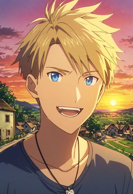 high resolution, professional photography, best quality, 1Boy, Yamato Ishida, blond hair, deep blue eyes, necklace, potrait, laughing, very happy, half body, village, sunset, looking at viewer,, OverallDetail