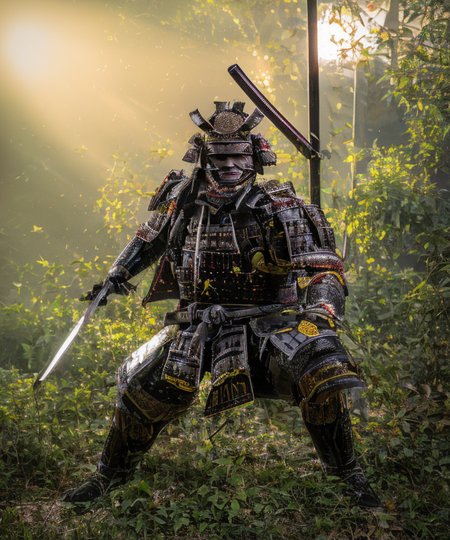 SFW, realistic photo,full body, male focus, strongman, wrestler, overweight, samurai, fat man, mid bear, Japanese mage, FanRu,at the battlefield of ruin in deep forest, midnight, at night, break,
dumpling nose, thick lips, narrow eyes, puffy cheeks, huge Japanese man, 65 years old, a man is fighting on the battlefield with sword in hand,
He holds his sword in both hands and holds it in front of him, ((wearing samurai armor, full armor)). break, 2 legs, 2 arms, thick arms, thick legs, thick neck, 
from below, dynamic angle shot, best quality, ultra extreme detail, hyper extreme detailed face, hyper detailed eyes, 8K, UHD, raw photo
 <lora:ä¸­å¹´èç:0.6> <lora:FantasyRuins:1> <lora:samuraiLoraV01:1>