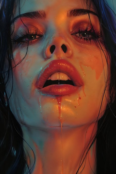 painting of a woman with blood dripping down her face, lois van rossdraws, rossdraws1.0, wadim kashin. ultra realistic, glossy digital painting, rossdraws 2.0, art of alessandro pautasso, jean-sebastien rossbach, sultry digital painting, detailed painting 4 k, artgerm julie bell beeple, wet lips