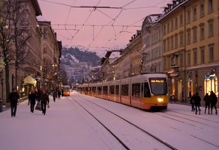 Bern downtown in winter, snowy, christmas, dusk, people, modern tram, analo style, restaurants, wide shot, shops, natural lighting,