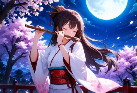 1girl, solo, closed eyes, long hair, instrument, Japanese flute, Bamboo flute, hair ornament, music, cherry blossoms, japanese clothes, playing instrument, moon, black hair, bracelet, jewelry, hair stick, leaf, tree, kimono, night, petals, brown hair, full moon, upper body, sash, wide sleeves, wind, wind lift,, BREAK
(photo background:0.3), depth of field, volumetric lighting, 
<lora:noobai_vpred_1_masterpieces_v23:1>,  masterpiece, best quality, amazing quality, very aesthetic, high resolution, ultra-detailed, absurdres, newest, scenery, 
<lora:chiaroscuro_vpred10_1105480:1>, chiaroscuro, 
<lora:noob1.1-lineart_adjust1-mki:-0.5>, 
<lora:IllustriousTweakerLora_v4-detail_1457119:0.8>, 
<lora:Eyes_High_Definition:0.6>, eyesHD, high gradient eyes, detailed eyes, high definition eyes, <lora:LECO_Particles:1>,