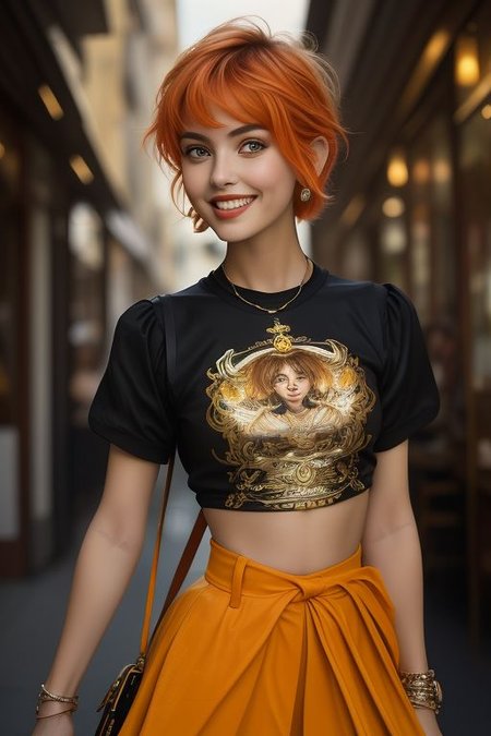 masterpiece,best quality,ultra_detailed, bellissima, 1girl , smile, westwood style, haircut style pixie, miniskirt, shirt, from below, shoulder bag  ,by Ellen von Unwerth