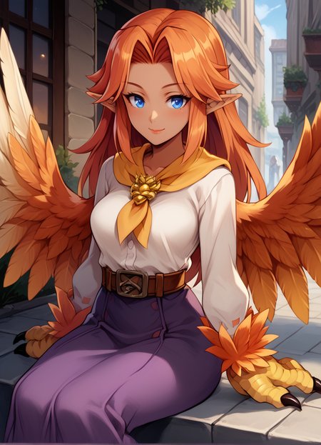 (score_9, score_8_up, score_7_up), best quality, perfect face, (masterpiece), (dark skin), MGE, 1girl, masterpiece, expressive eyes, monster girl, MGE artstyle, (harpy), animal limbs, (winged arms), feathered wings, prehensile wings, animal legs, thighhigh fur, pointy ears, ear fluff, breasts, consistent features, <lora:MGE_V5.3:0.9>, outdoors, city, street, cafe,  evil smile,  red hair, sitting,  <lora:malon_cremia-v1_pdxl:0.8> , malon, 1girl, blue eyes, orange hair, white shirt, purple skirt, brown belt, belt, yellow neckerchief,