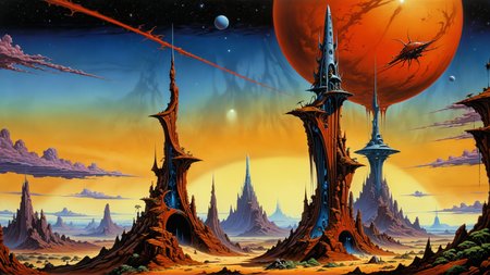 alien landscape in the style of Roger Dean, fantastic single slender towering spire with graceful curves arching up into the sky, (Rodney Matthews:1.9), spaceship, alien creatures, extreme contrast, intense colors, scarlet, (chiaroscuro:1.9), ultra resolution, <lora:add-detail-xl:0.75>, <lora:xl_more_art-full_v1:0.5>