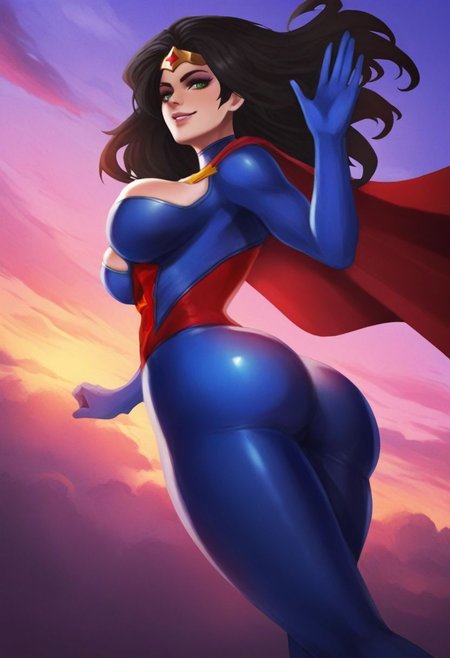 illustriousmonorirogue, masterpiece, best quality, highres, absurdres BREAK 1girl, solo, superhero costume, cape, tiara, round ass, black hair, bodysuit, skin tight, bursting breasts, green eyes, lips, lipstick, long hair, floating, floating hair,  makeup, gradient sky, cloudy sky, looking at viewer, smile, waving, <lora:MonoriRogue_Style_-_Illustrious:1>