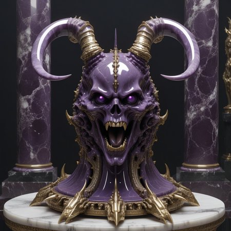 <lora:Chaos_Warfleet_-_Warhammer_40000_SDXL:1>chaoswarfleet, purple battleship,space,warp,distortion,nightmare,mirrors,curved blades,grace,elegance,marble statues,black long tongues,pincers,Ñheers,horns,hooves,insect eyes,columns,screaming faces,onyx,decorations,silver,gold,engraving,minting,marble,decor,curved shapes,