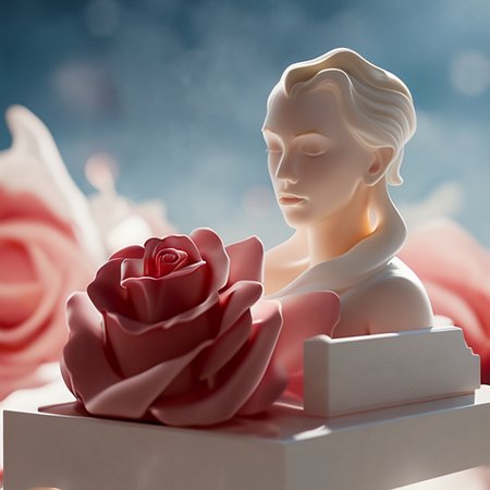 perfume advertisement,white marble statue, art by FloralMarble, cgi_animation, water roses hyperflow, cinemahelper photohelper, sunny day, smoke,  volumetric lighting, odysseysd2, motion blur, depth of field