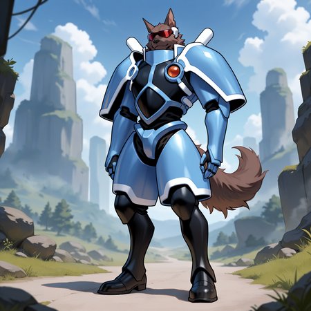 Score_9, score_8_up, score_7_up,result_9, result_8, result_7, result_6, masterpiece,solo.Ultra best details,, anime details, best quality, good binding quality,4k, ,50lly2, (sharp focus, perfect_anatomy),  ,\(artwork\), detailes face,detailed fur, perfect fur details, perfect anatomy, masterpiece, best quality, amazing quality, very aesthetic,highres, incredibly absurdres, highres, masterpiece,  ,synchro_(warwolf_form),grayish brown fur,red sunglasses,headphones,blue armor, black knees armor,shoulder pads, stand-up collar, full body