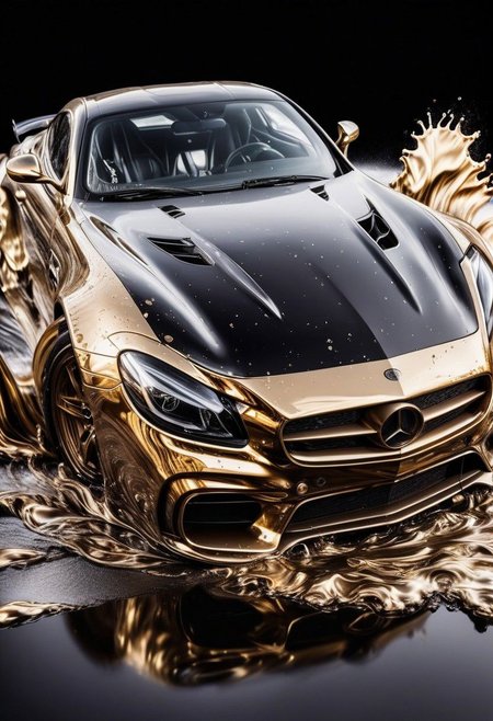 GOLD LIQUID METAL sports car, race car, racing through SILVER LIQUID METAL, liquid metal sprays up from the cars tyres, Car drifting in a black void