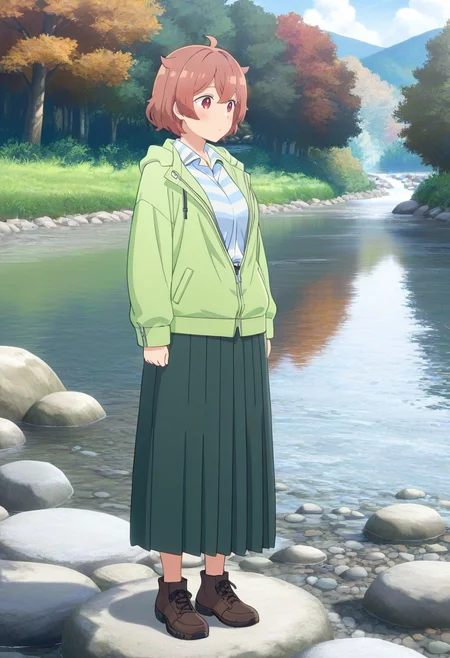 newest, masterpiece, best quality, 4k,
outdoors, river, very aesthetic, detailed background, full body,
1girl, solo,  <lora:mitsuki ooshiro:1> mitsuki, brown hair, short hair,  ahoge,red eyes,  green jacket, unzipped, collared shirt, striped shirt, long skirt