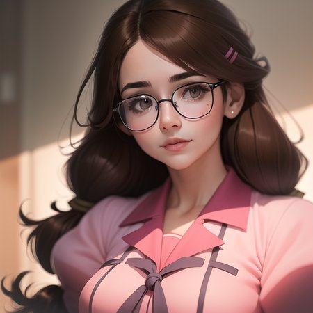 a woman,<lora:TsumasakyHanekawaTsubasa_v1:1>, closeup,

brown haired,ligtht pink school uniform,skirt,
glasses,

realistic, hyperrealistic,soft shadows,